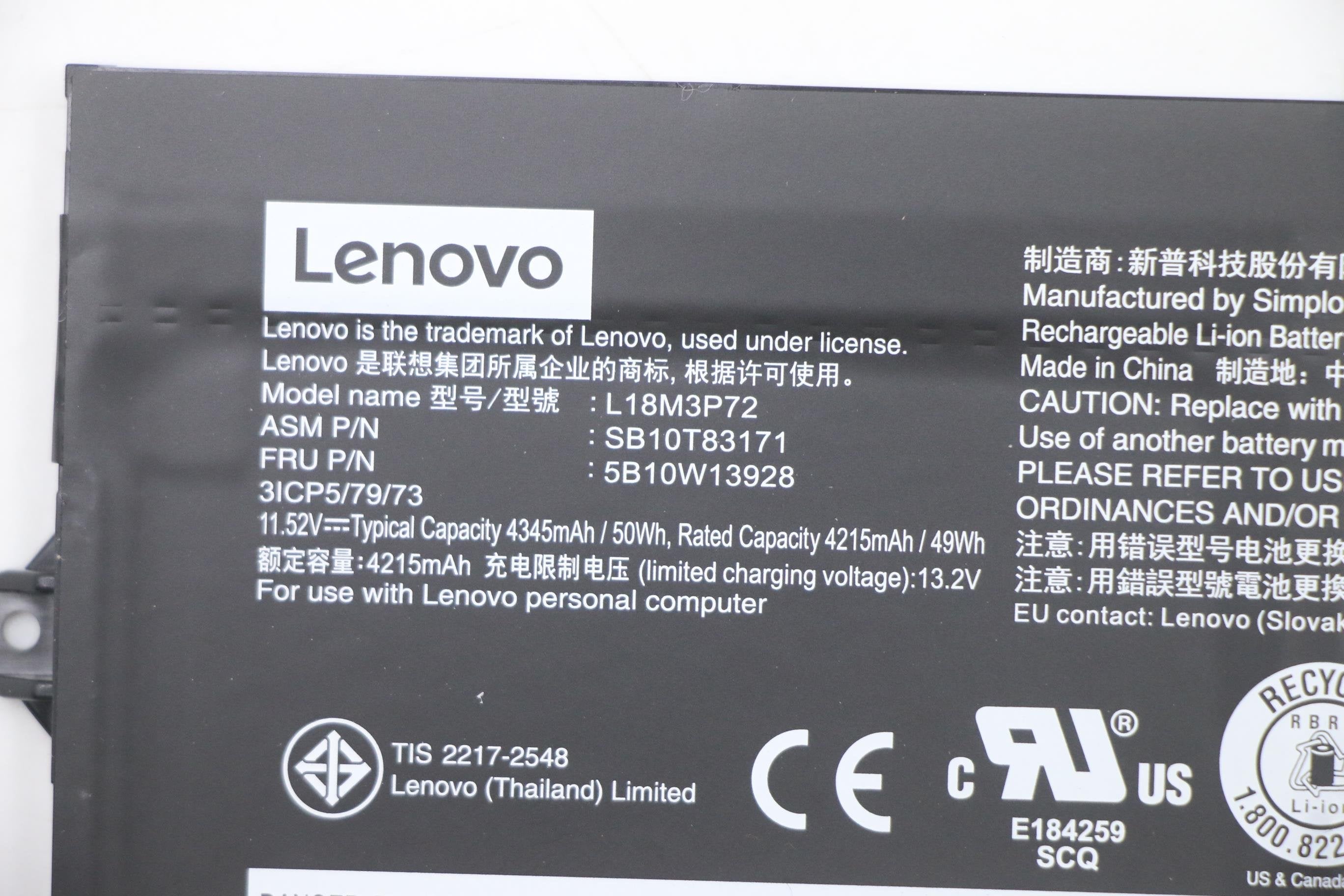 Internal, 3c, 50wh, Liion, Smp - 5b10w13928, Battery, Lenovo - Warranty: 6m