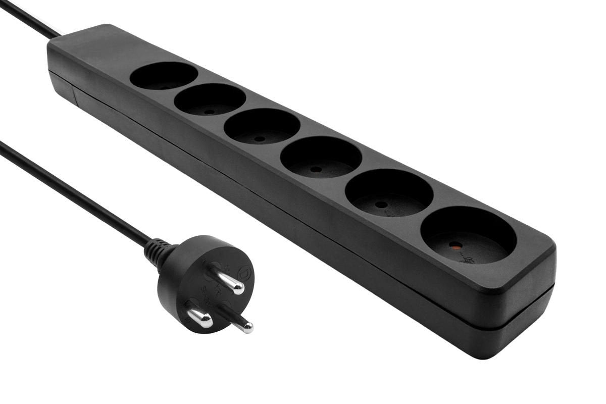 Danish Power Strip 6-Way Black 2m Cable