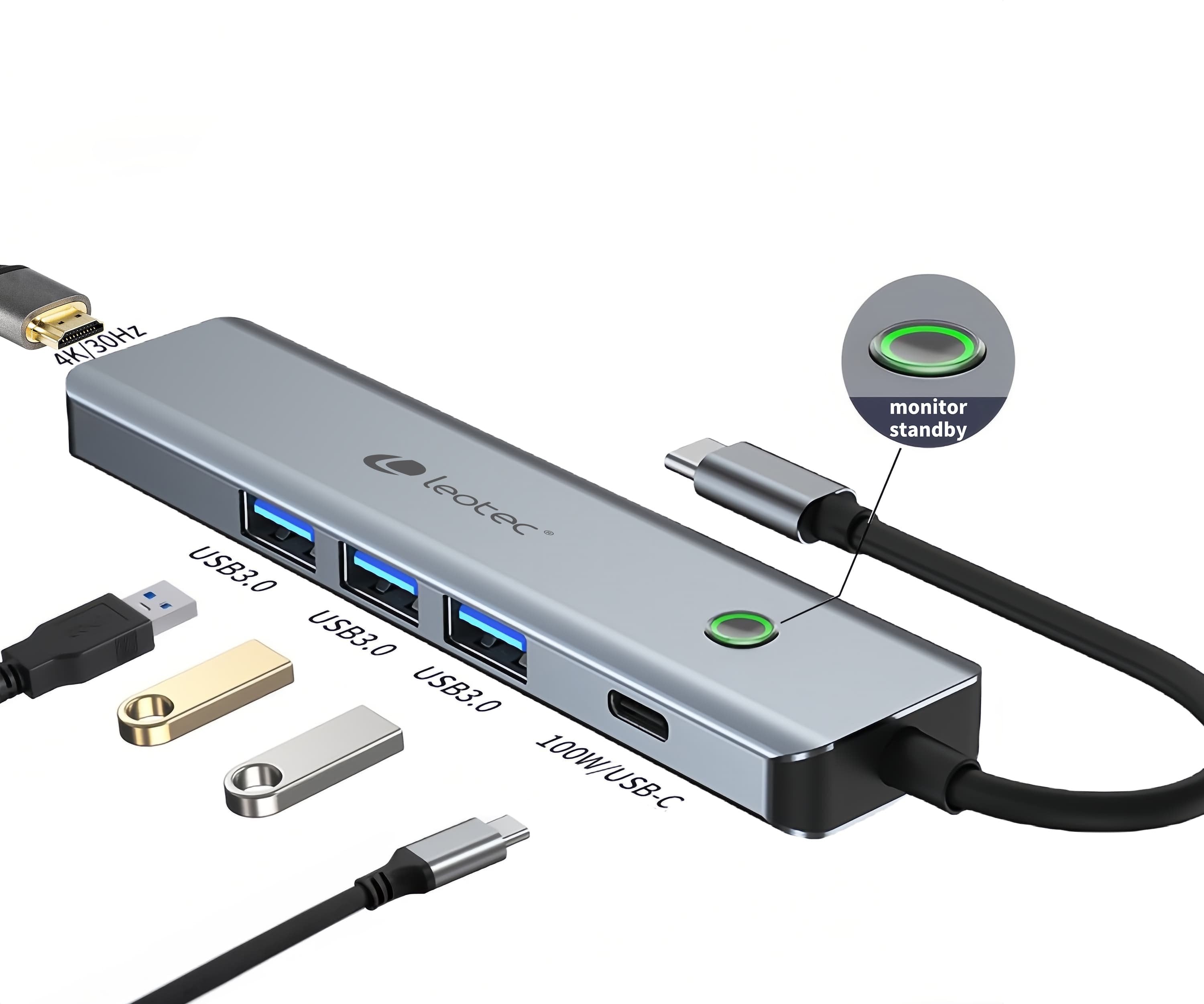 Leotec Docking Station 6en1 1usb-C Pd100 Power&Datos 3usb3.0 1hdmi 4k 30hz