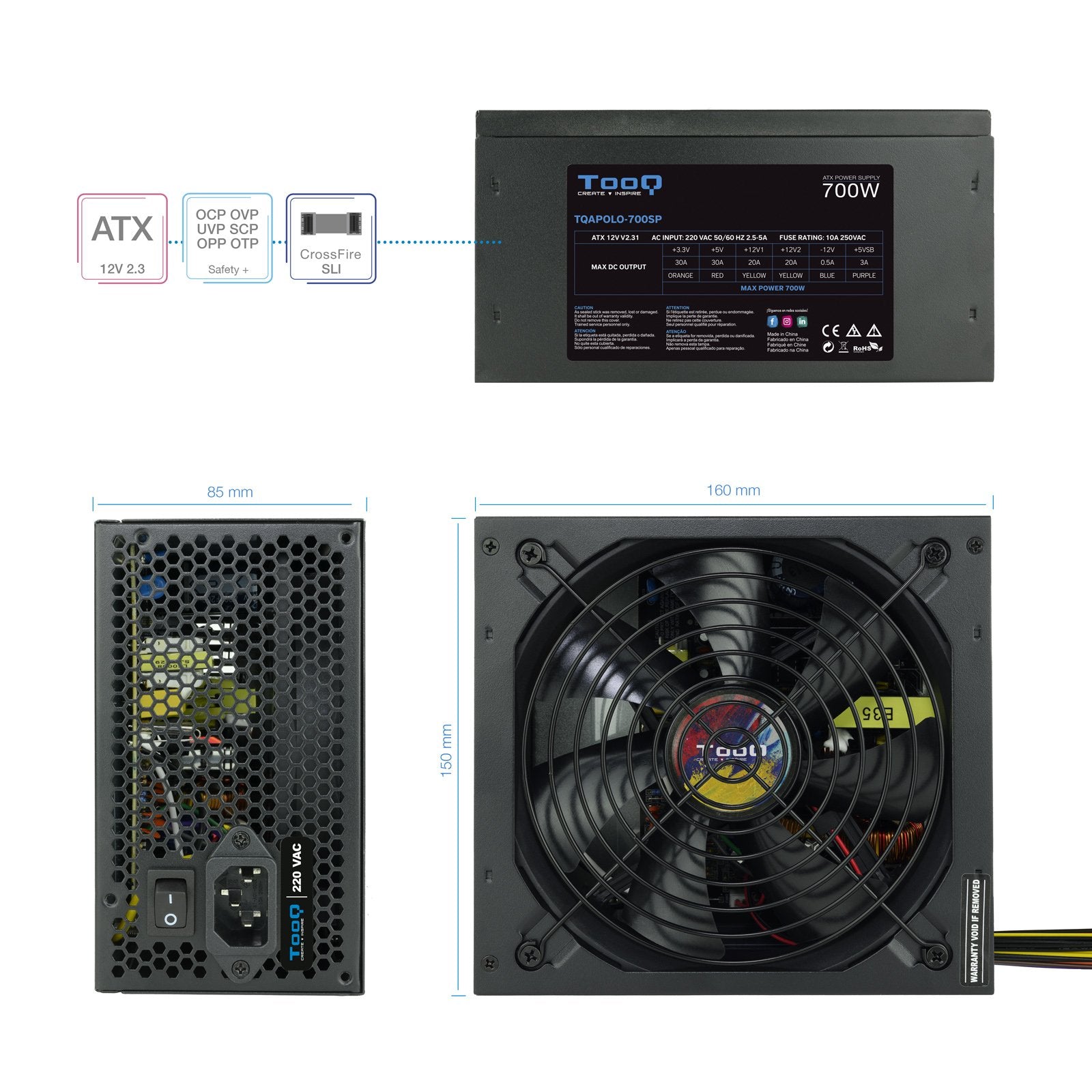 EAN 8433281010307 - TooQ TQAPOLO-700SP unidad de fuente de alimentación 700 W 20+4 pin ATX ATX Negro imagen 4