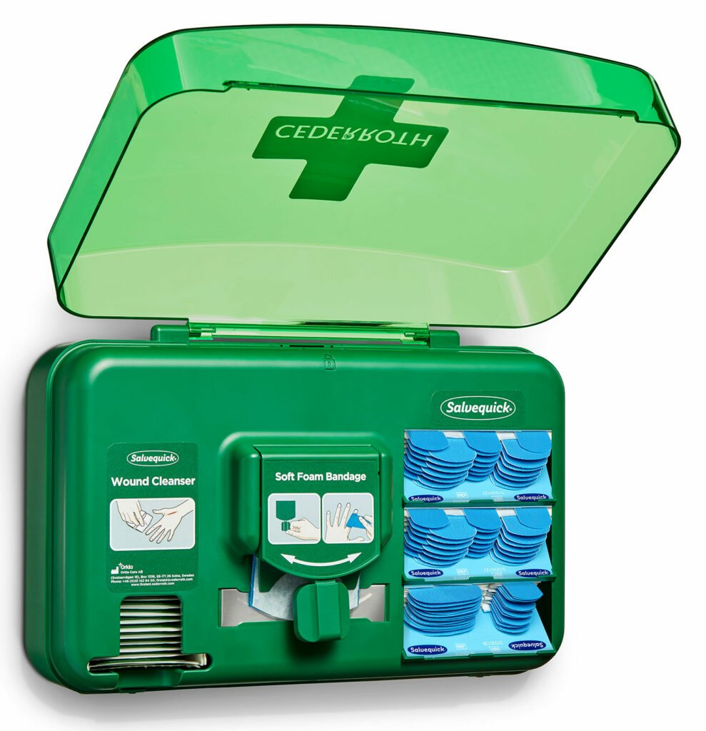 Cederroth Dispensador Para El Cuidado De Heridas - Incluye Diferentes Tamaños De Apositos Color Azul, Toallitas Para Heridas Y Venda Autoadherente