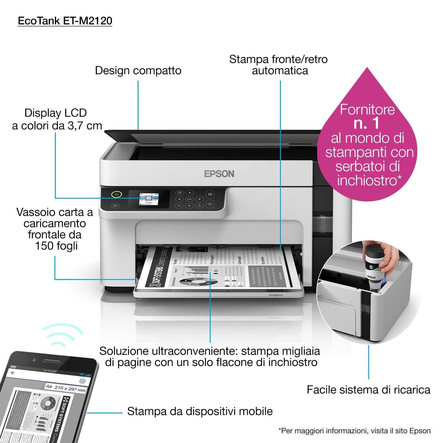 Impresora Epson Ecotank Mono M2120, 3 En 1, A4, 1200 X 2400 Ppp, 32 Ppm, Usb, Wi-Fi, 3 Aã±Os De Garantia Despues Del Registro.