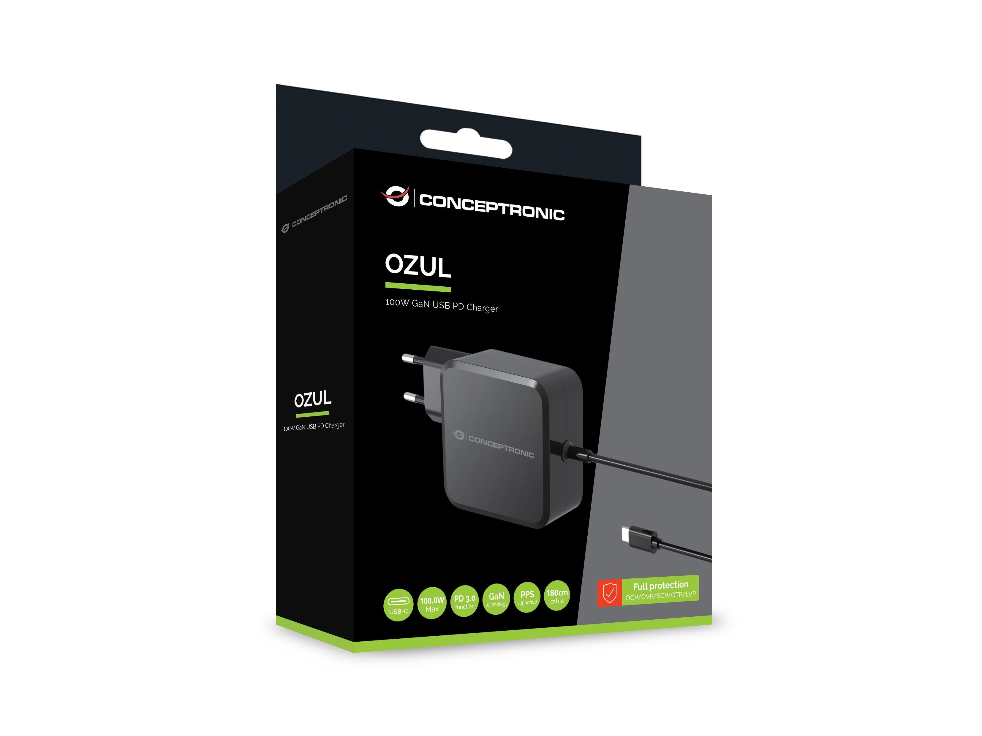 Cargador De Pared Conceptronic Ozul05be 100w Gan Pd Cable Usb-C Incorporado
