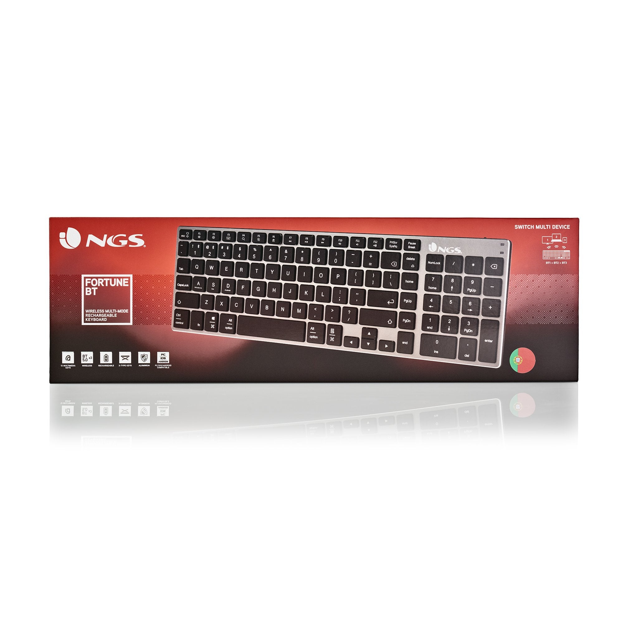 Ngs Fortune-Bt Teclado Multidispositivo Inalambrico Usb Bluetooth - Portugues - Silencioso - Teclas X-Type - Bateria