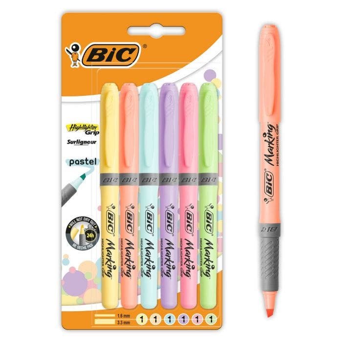 Bic Highlighter Grip Pack De 6 Marcadores Fluorescentes Pastel - Tinta Con Base De Agua - Punta Biselada - Trazo Entre 1.60 Y 3.30mm - Colores Surtidos