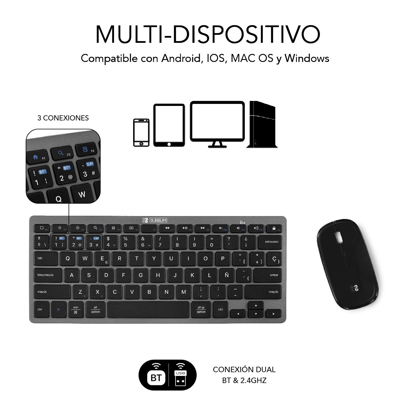 Teclado Y Ratón Inalámbrico Por Bluetooth Subblim Oco020 Combo Multidispositivo Compacto Gris
