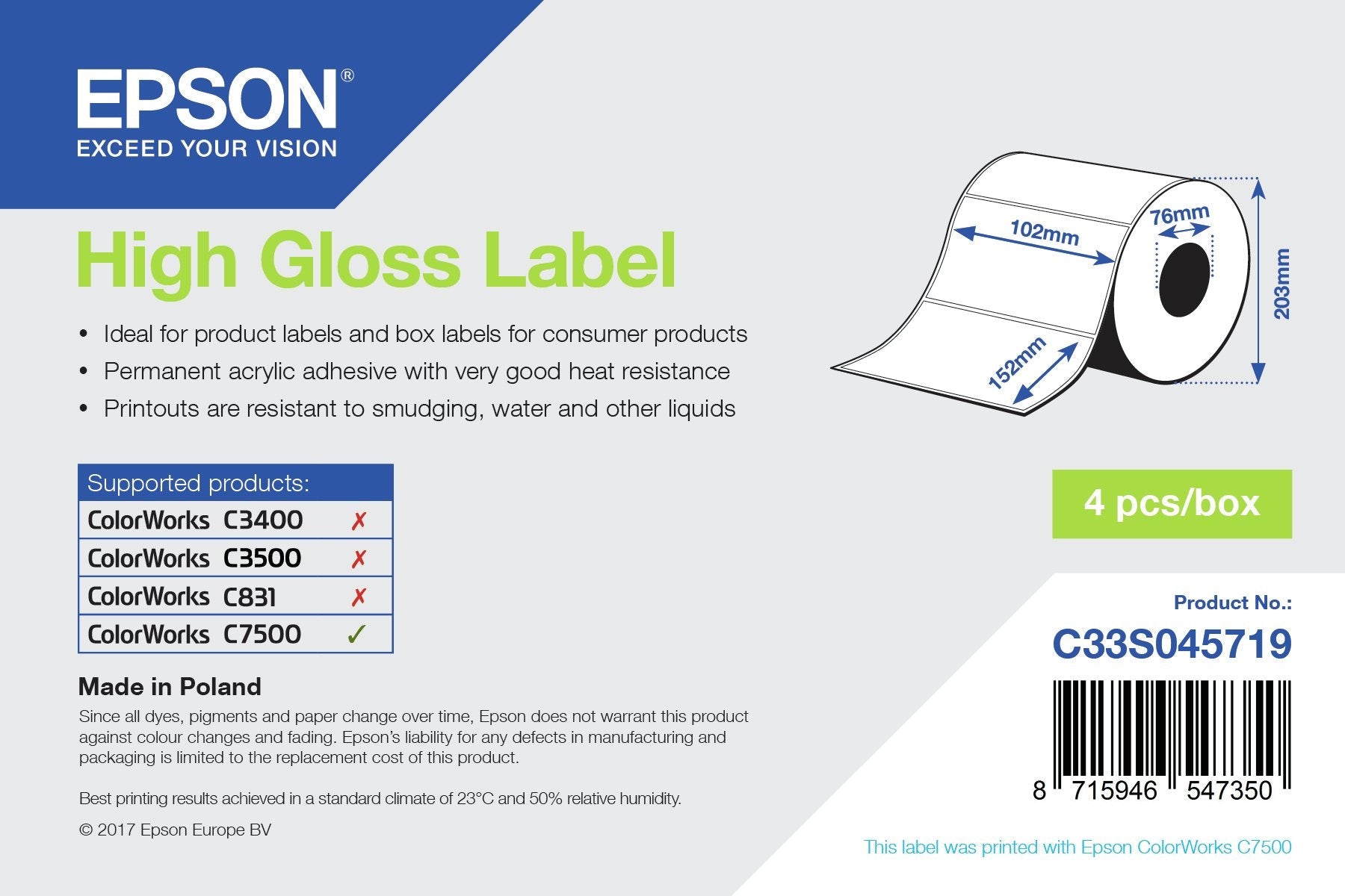 Epson High Gloss Label - Die-Cut Roll: 102mm X 152mm, 800 Labels