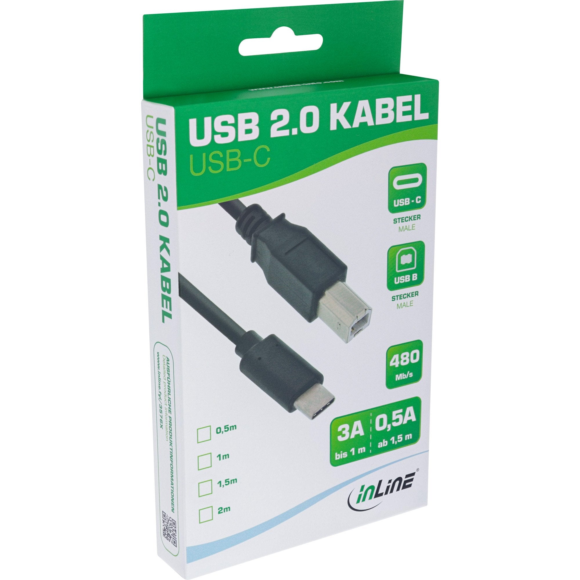 Cable Inline Usb 2.0, Tipo C Macho A B Macho, Negro, 2 M