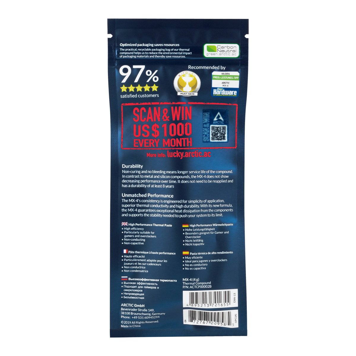 EAN 4895213701655 - ARCTIC MX-4 compuesto disipador de calor Pasta térmica 8,5 W/m·K 4 g imagen 3