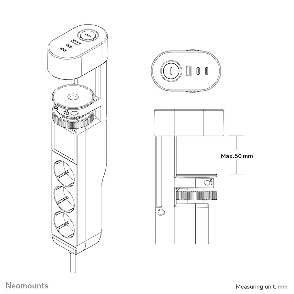 Neomounts Ds22-840wh6 Regleta De Sobremesa Con Abrazadera Y Puertos Usb-C Y Usb-A - Carga Rápida