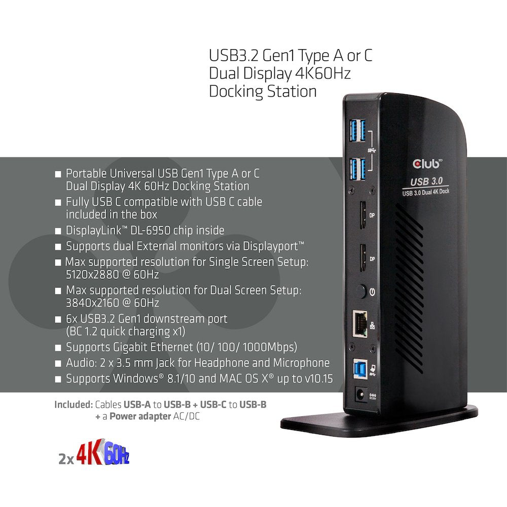 Club3d Usb 3.0 Dual Display 4k60hz Docking Station