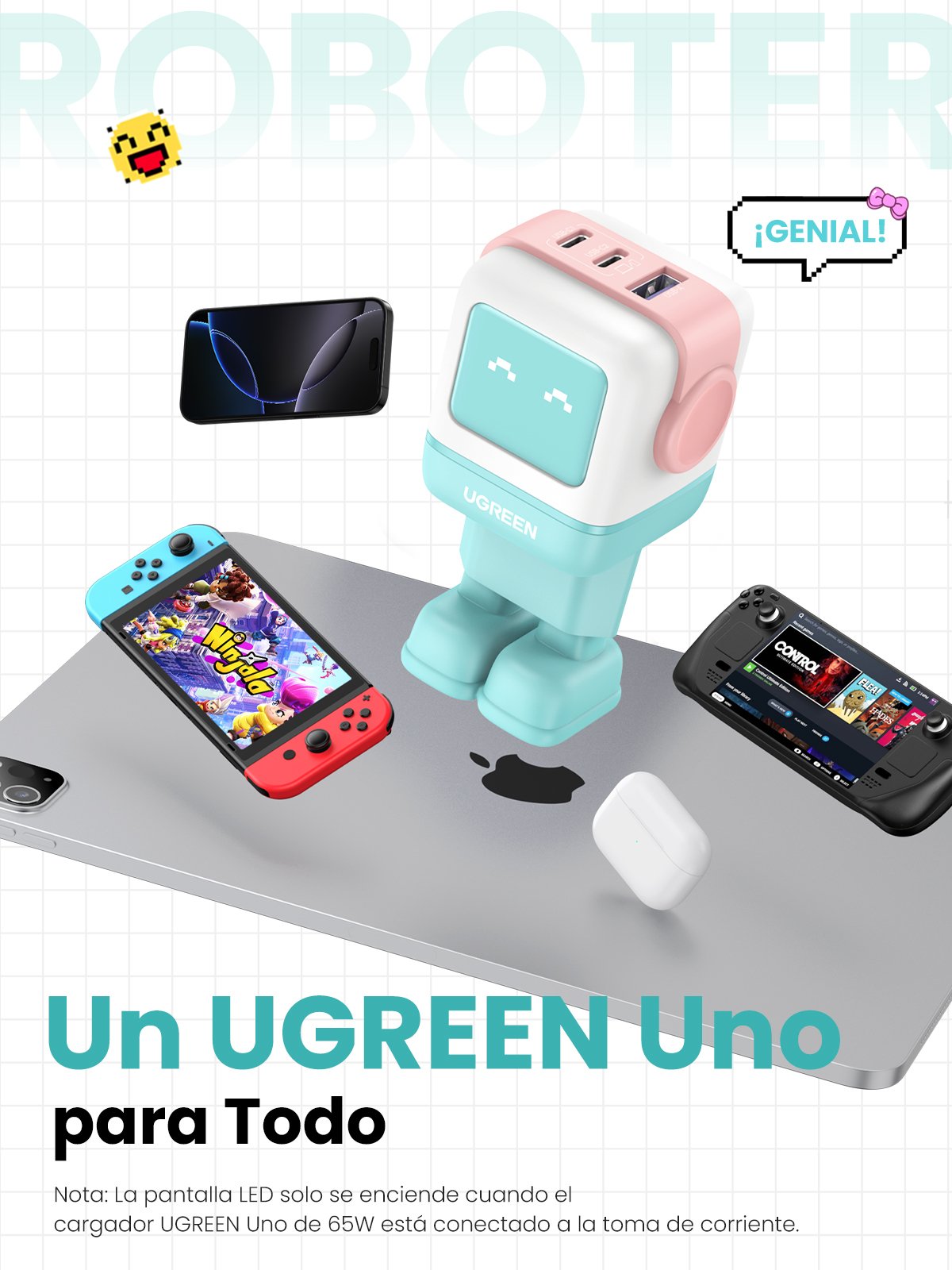 EAN 6941876238552 - Ugreen Uno RG 65W 3-Port GaN Fast Charger pink blue Ordenador portátil, Teléfono móvil, Portátil, Tableta imagen 8
