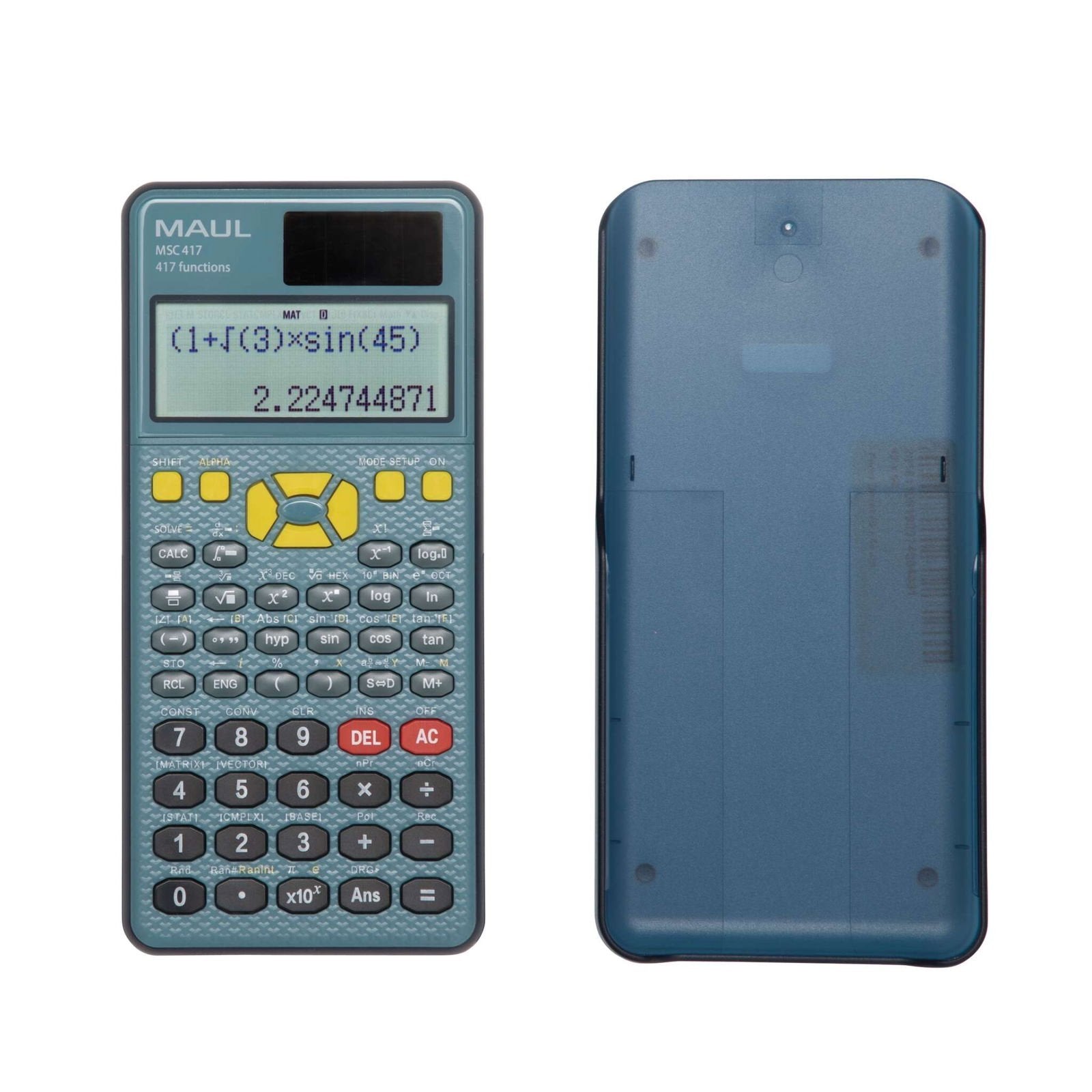 Maul Msc 417 - Calculadora Científica Con Pantalla De 2 Líneas, 80% Plástico Reciclado, Pantalla Lcd, Incluye Funda De Tapa Dura, Color Azul Y Negro