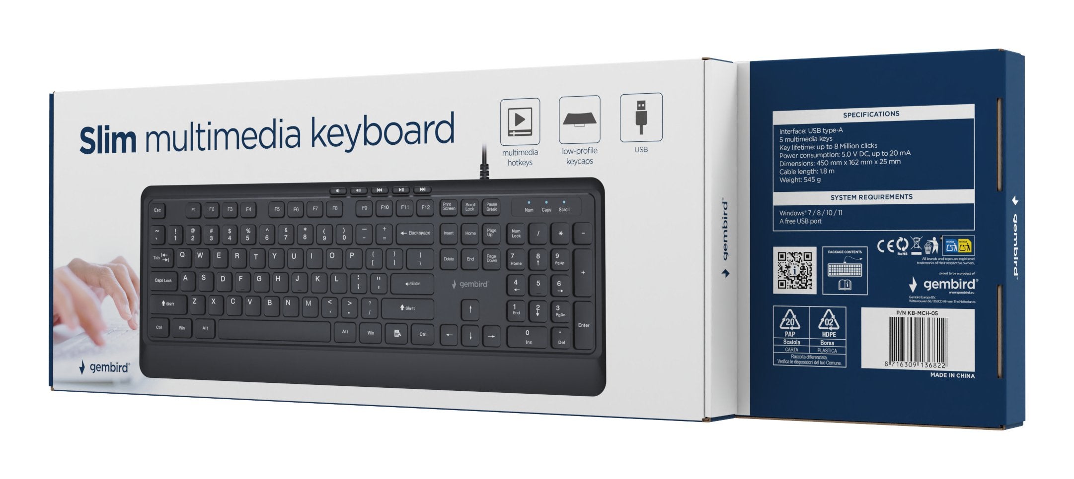 Gembird Slim Wired Multimedia Keyboard Negro Us Layout