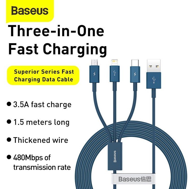 Baseus Cable Superior Series 3-In-1 Fast Charging Data Cable Usb To M+L+C 3.5a 1.5m Blue (Camltys-03)