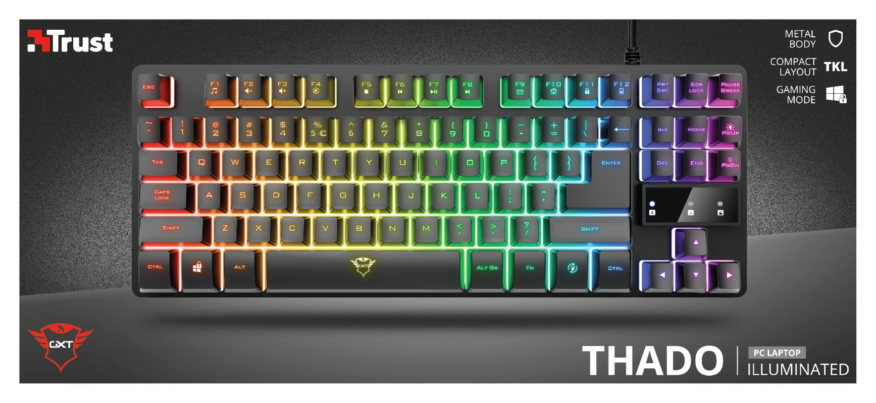 Teclado Trust Gaming Gxt 833 Thado Metalico Compacto Iluminacion Led Multicolor Anti-Ghosting 12 Tecl.Multimedia Usb 23698