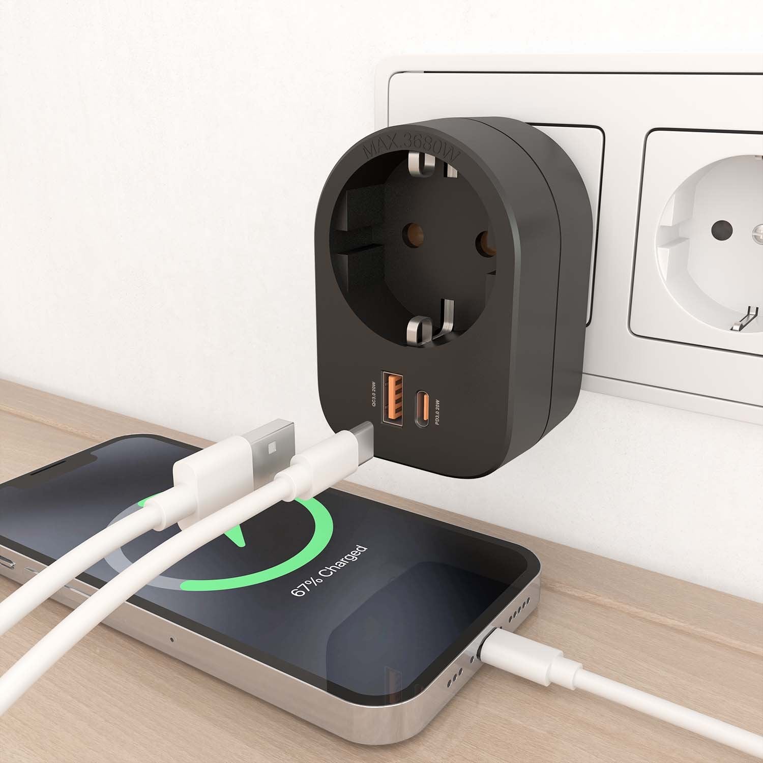 Aisens Regleta De Pared Multifuncion Con 1 Toma + 1xusb-C 20w Pd3.0, 1xusb-A 20w Qc3.0, Negro