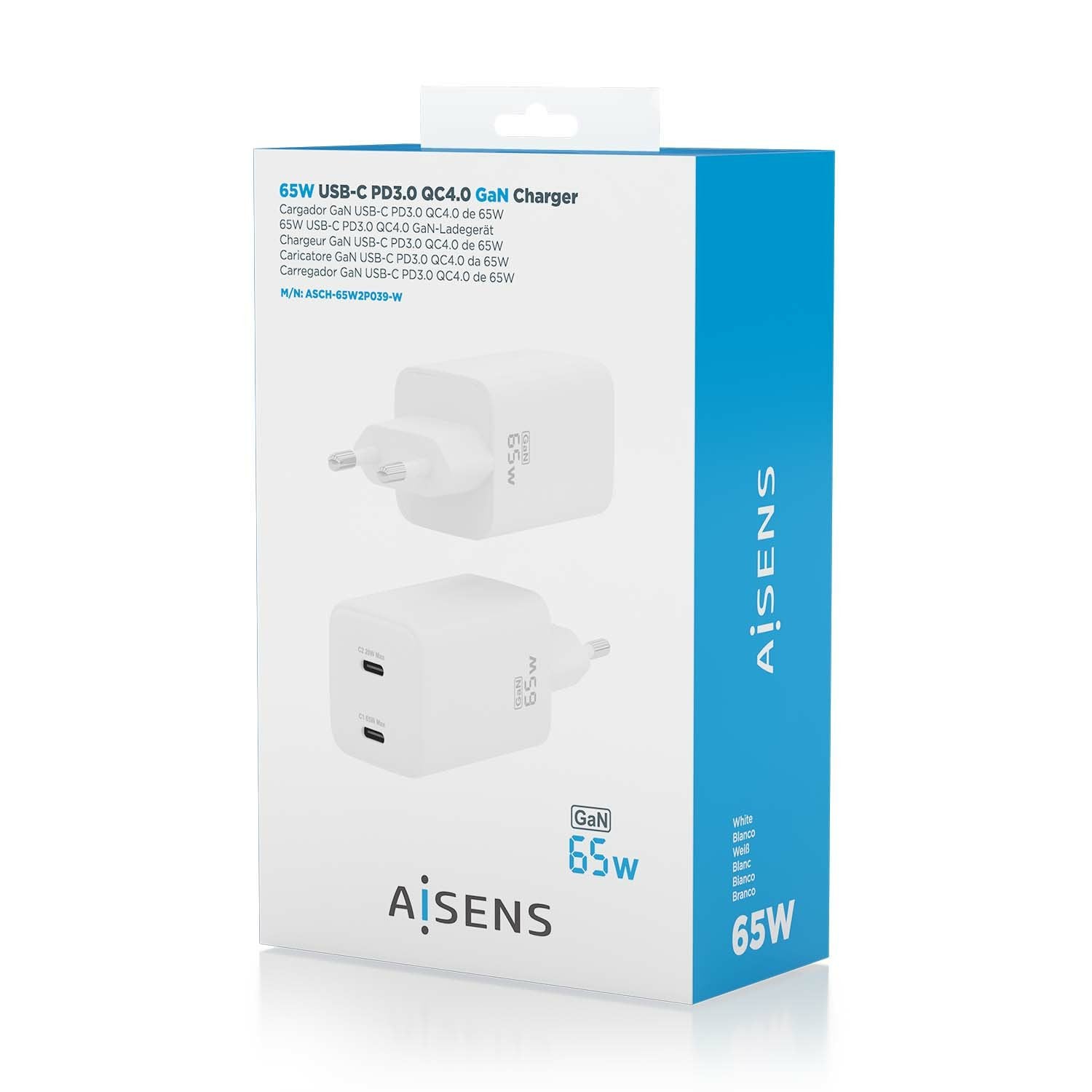 Aisens Cargador Gan 65w, 2xusb-C Pd3.0 Qc4.0, Blanco