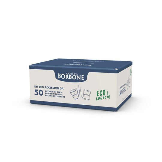 Kit Ecologico 50 Vasos Papel + Paleta Abedul Madera + Azúcar Café Borbone