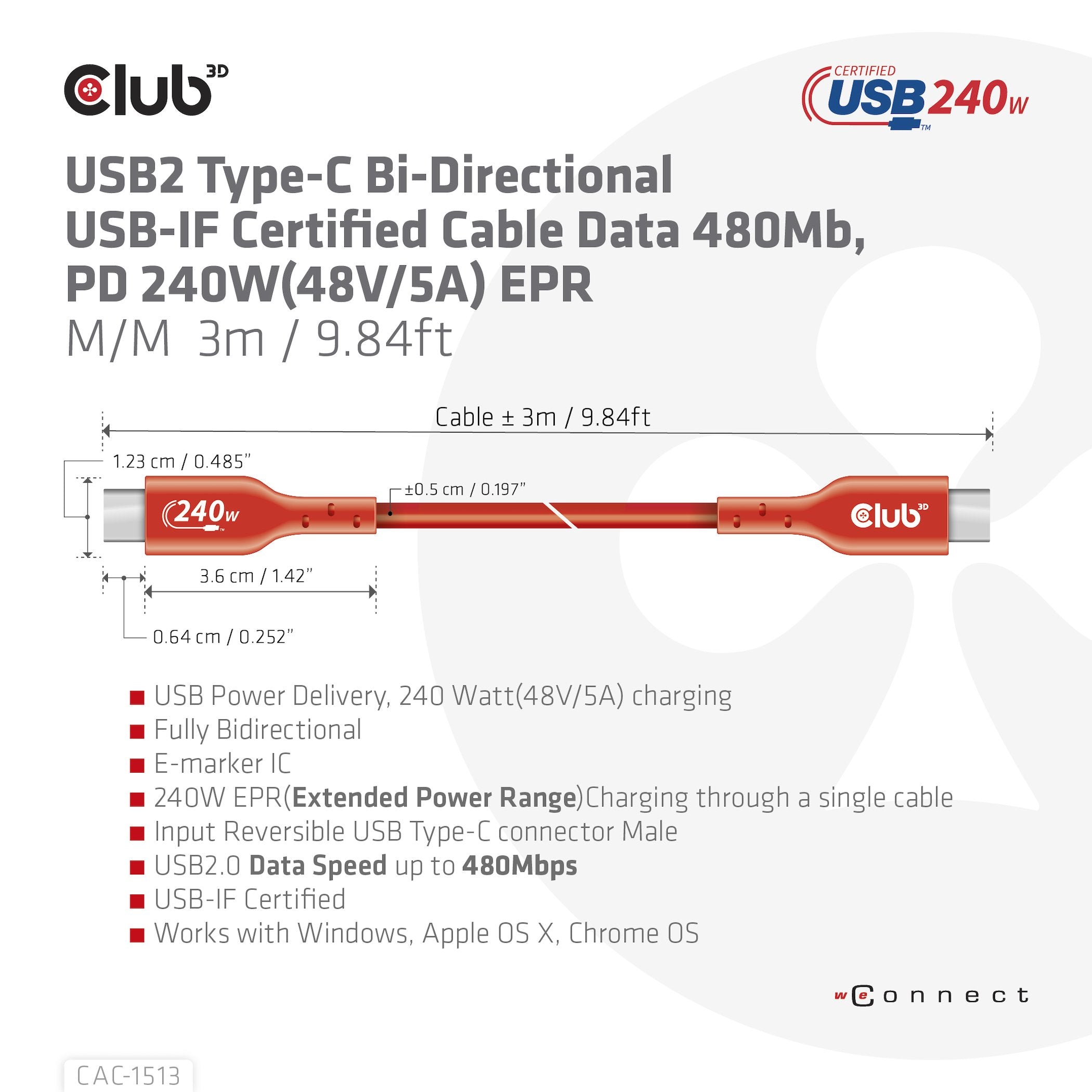 Club3d Cable Certificado Usb2 Tipo C Bidireccional Usb-If Datos 480 Mb, Pd 240 W (48 V/5 A) Epr M/M 3 M/9,84 Pies