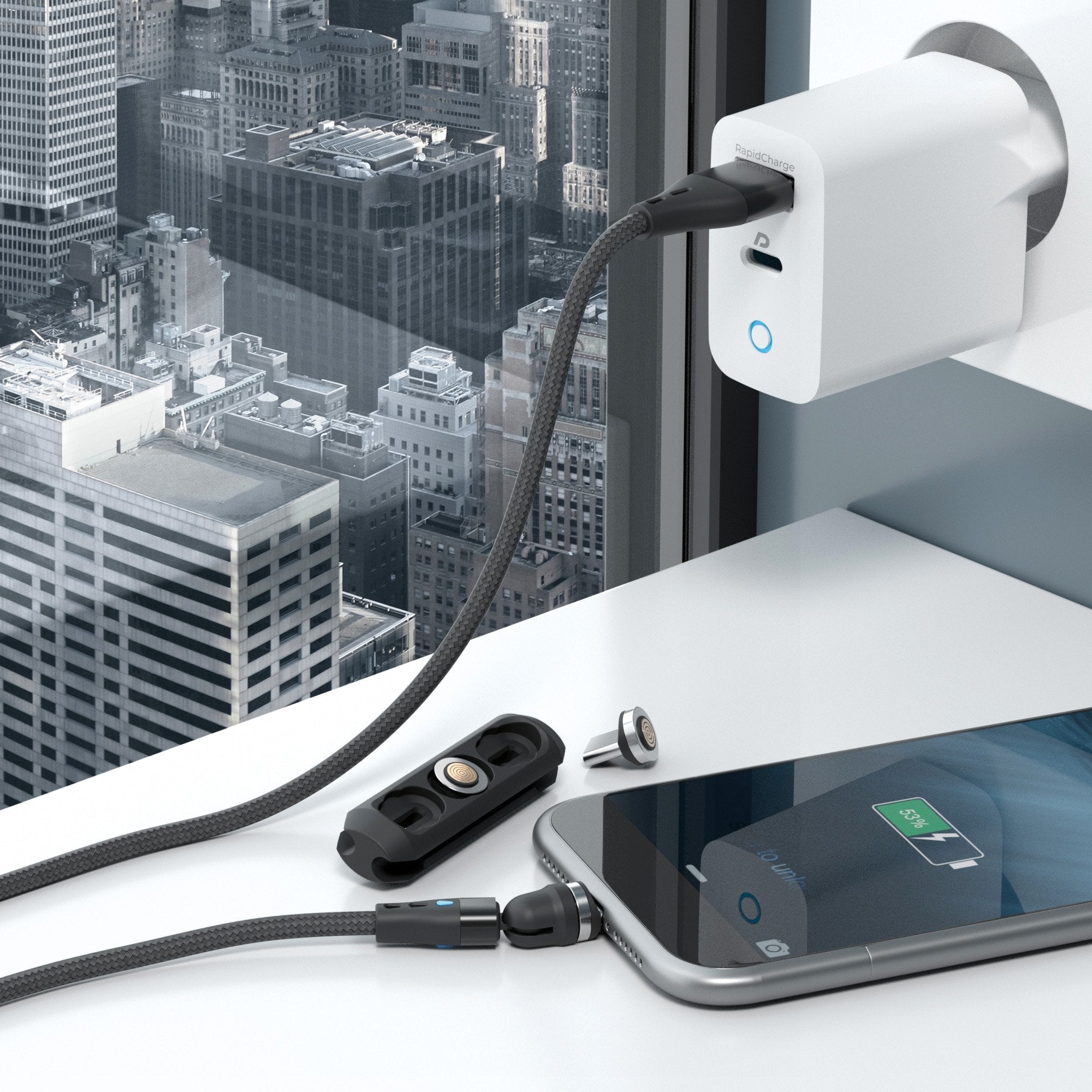 Realpower Magnetic Cable 3 Amp,1m,Negro Con Adaptadorn