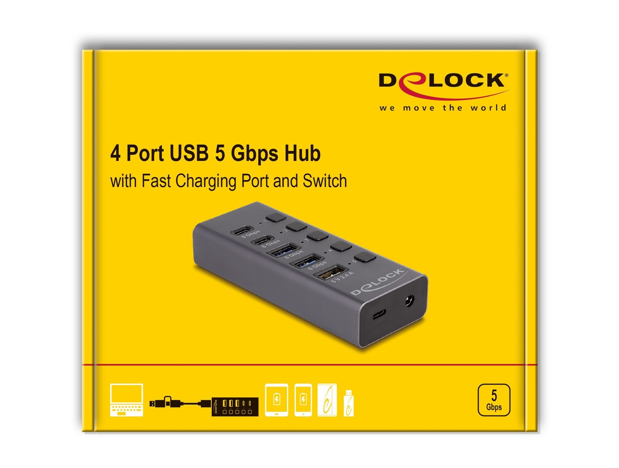 Usb 5 Gbps Hub Mit 2 X Usb Typ-A Und 2 X Usb Type-C Buchse Und 1 X Schnellladeport + Schalter
