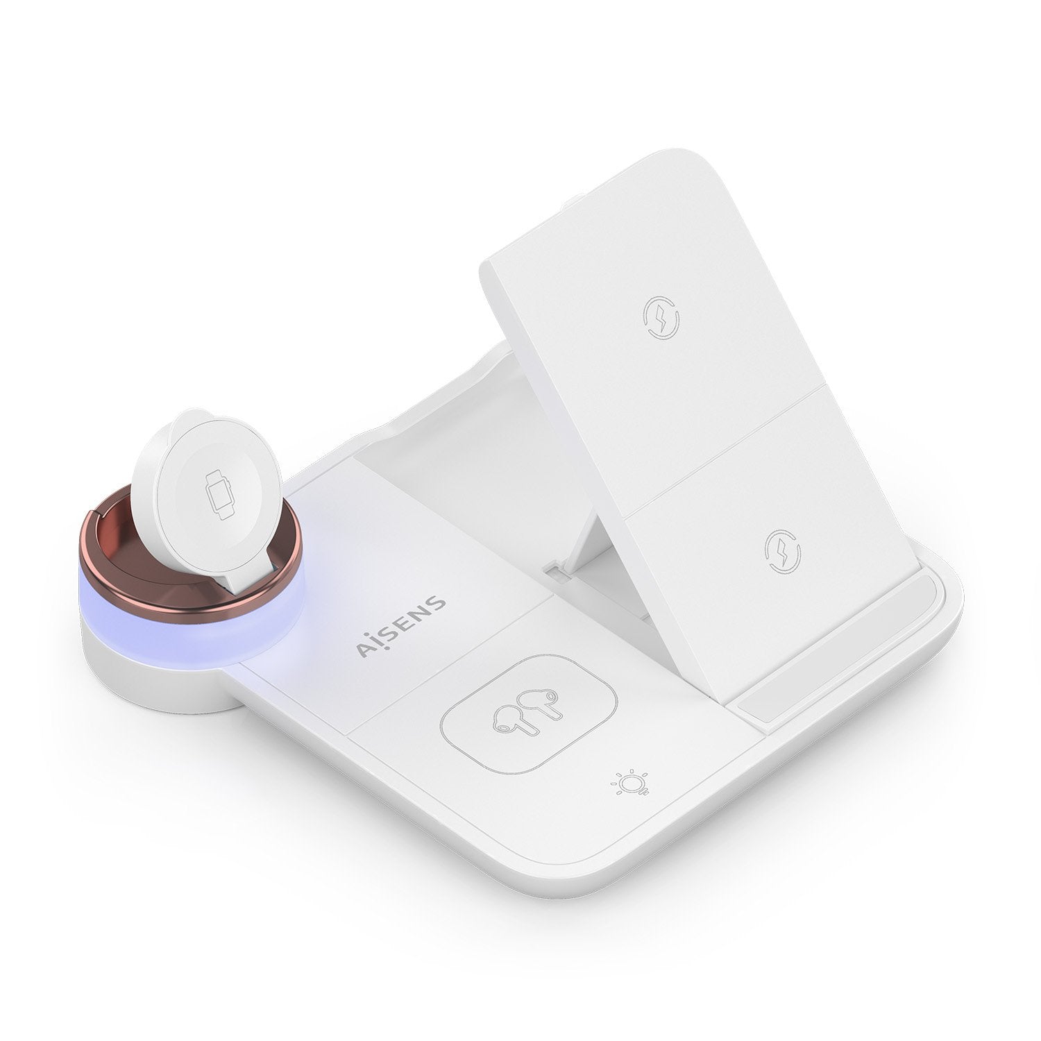 Aisens Cargador Inalambrico Usb-C 4 En 1 De 15w Para Movil, Apple Watch, Auriculares Con Estuche De Carga, Blanco