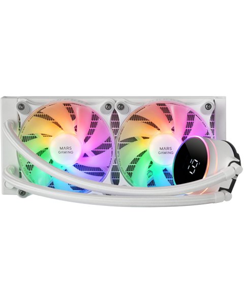 Refrigeracion Liquida Frgb Ml-Lcd 240 Blanco Mars Gaming Intel Lga 2066/ 2011/ 1700/ 1200/ 1156/ 1155/ 1151/ 1150 / Amd Am5/ Am4/ Am3+/ Am3/ Am2+/ Am2/ Fm2/ Fm1/ Pantalla Lcd/ 2x120mm/ Iluminación Argb/ Tdp Hasta 500w
