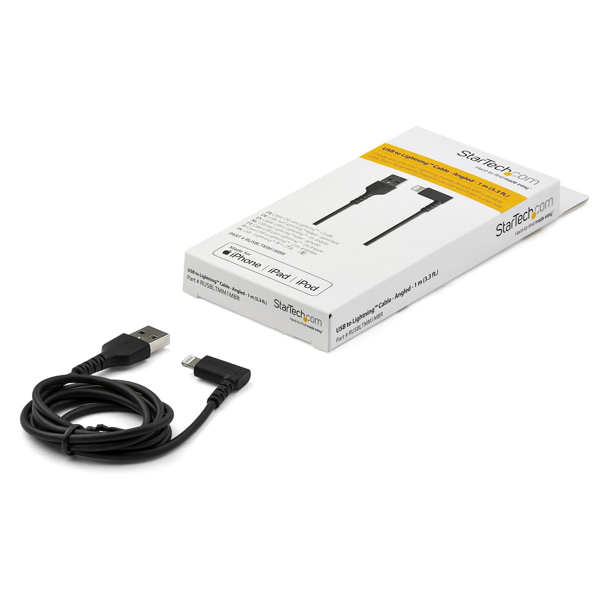 Startech.Com Cable De 1m Lightning A Usb En Ángulo Acodado - Certificado Mfi - Adaptador Usb A Lightning - Negro, 1 M, Lightning, Usb A, Macho, Macho, Negro