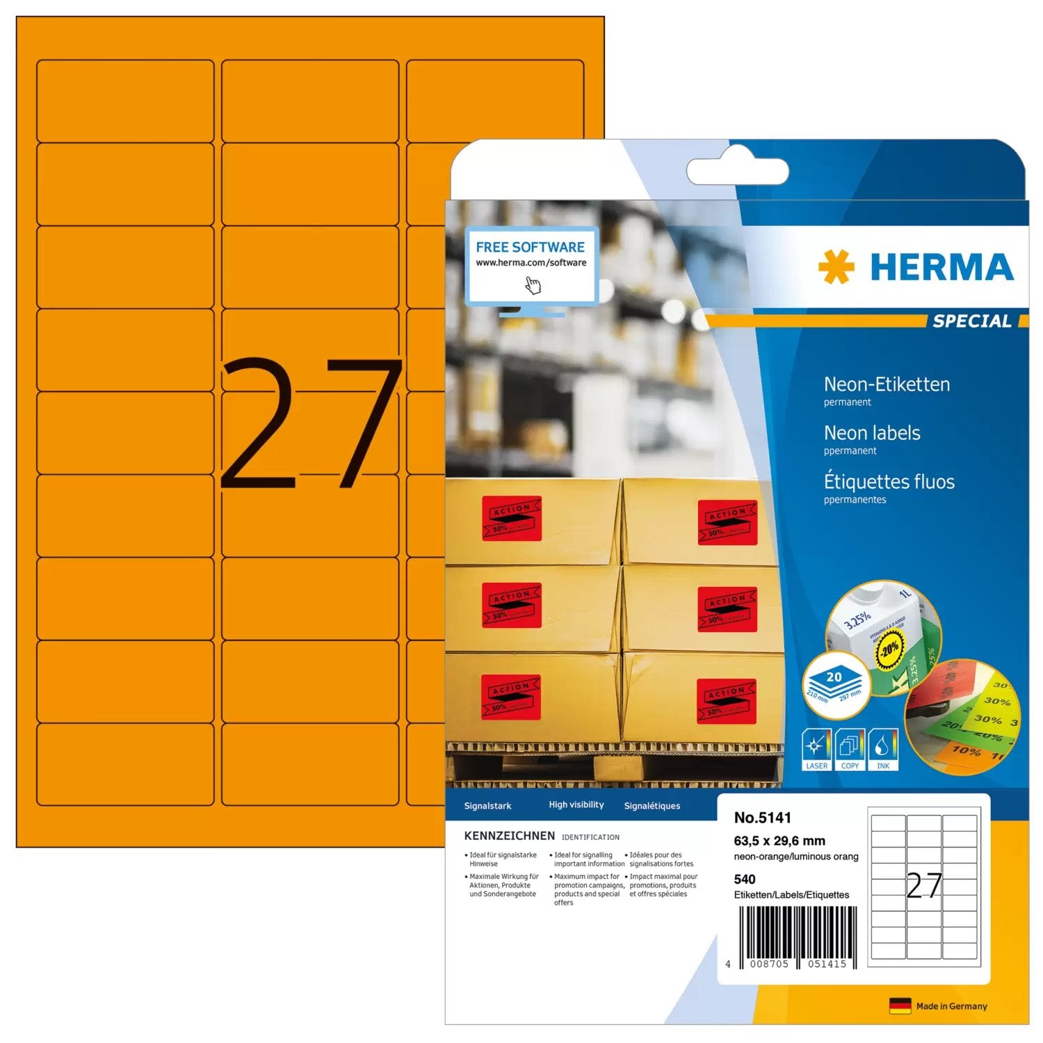 EAN 4008705051415 - HERMA 5141 etiqueta autoadhesiva Rectángulo redondeado Permanente Naranja 540 pieza(s) imagen 1