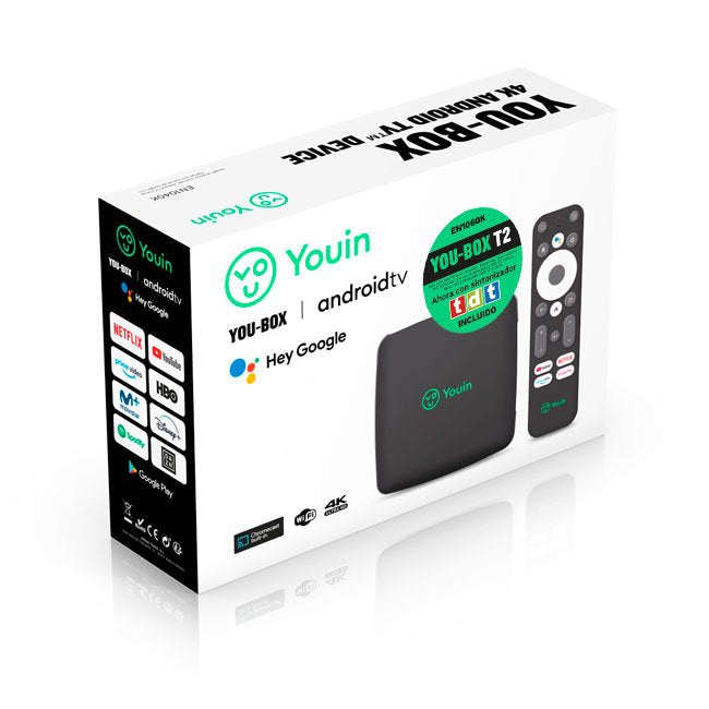 Receptor You-Box T2 Youin Android Tv 12.0 Con Sintonizador Tdt Dv-T2 Hevc Chromecast Google Assistant 2gb Ram 8gb Rom Usb 3.0 Ethernet