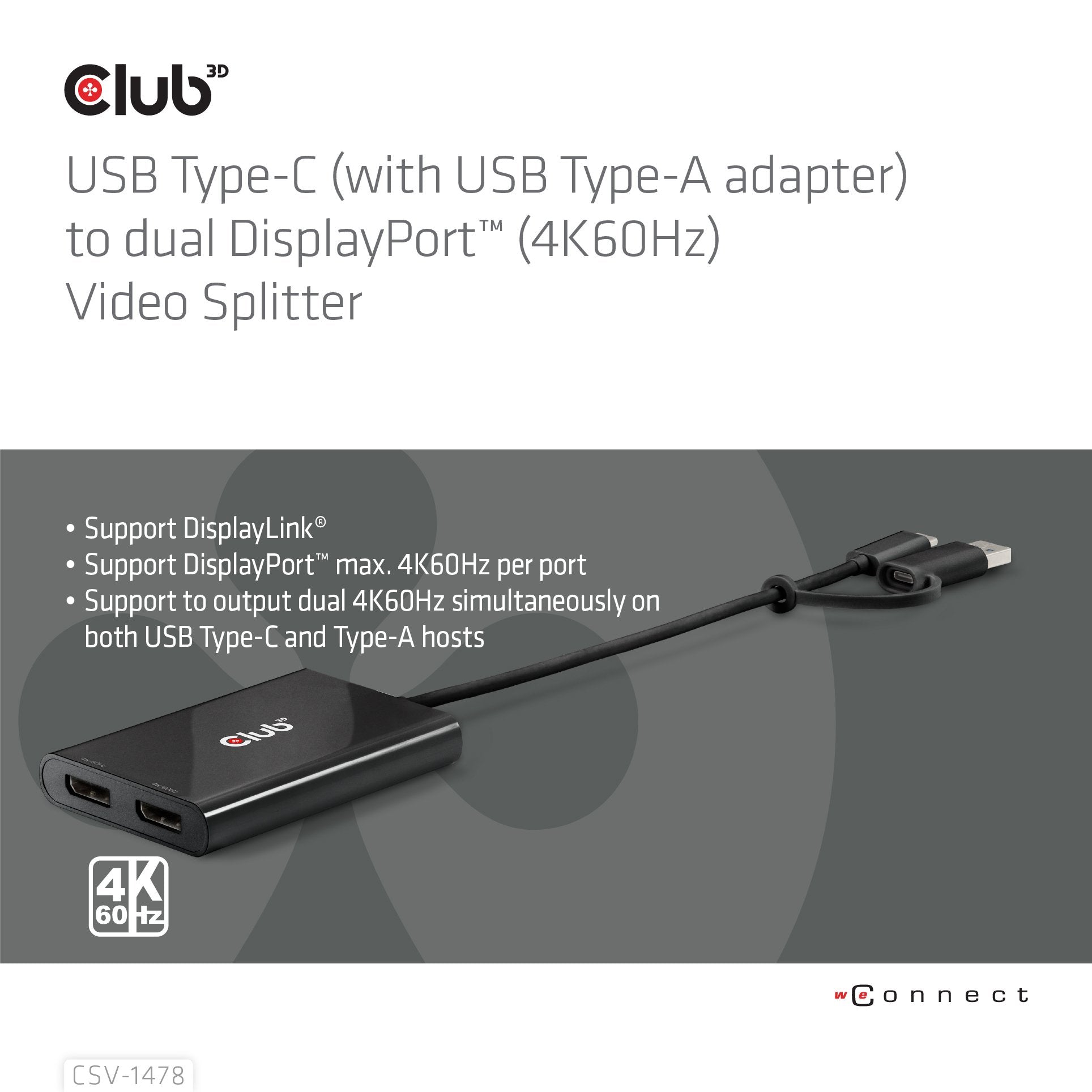 EAN 8719214472993 - CLUB3D CSV-1478 divisor de video USB Tipo C 2x DisplayPort imagen 3