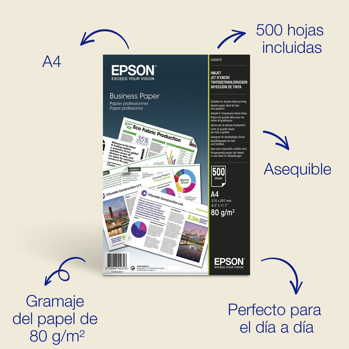 Epson C13s450075 Papel Para Impresora De Inyección De Tinta A4 (210x297 Mm) Mate Blanco