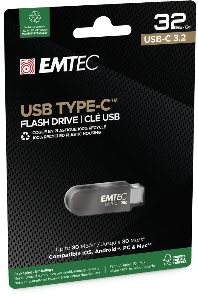 Emtec C280 Unidad Flash Usb 32 Gb Usb Tipo C 3.2 Gen 1 (3.1 Gen 1) Negro