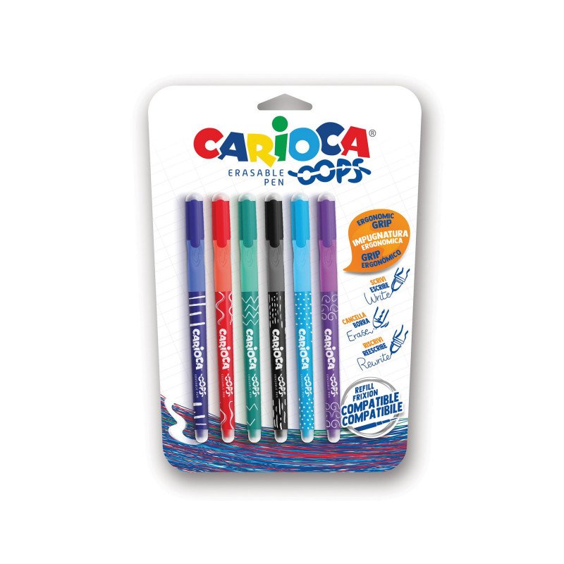 Carioca Oops Pack De 6 Boligrafos Borrables - Tinta Termo Sensible - Empuñadura Ergonomica Triangular - Punta De 0.7mm