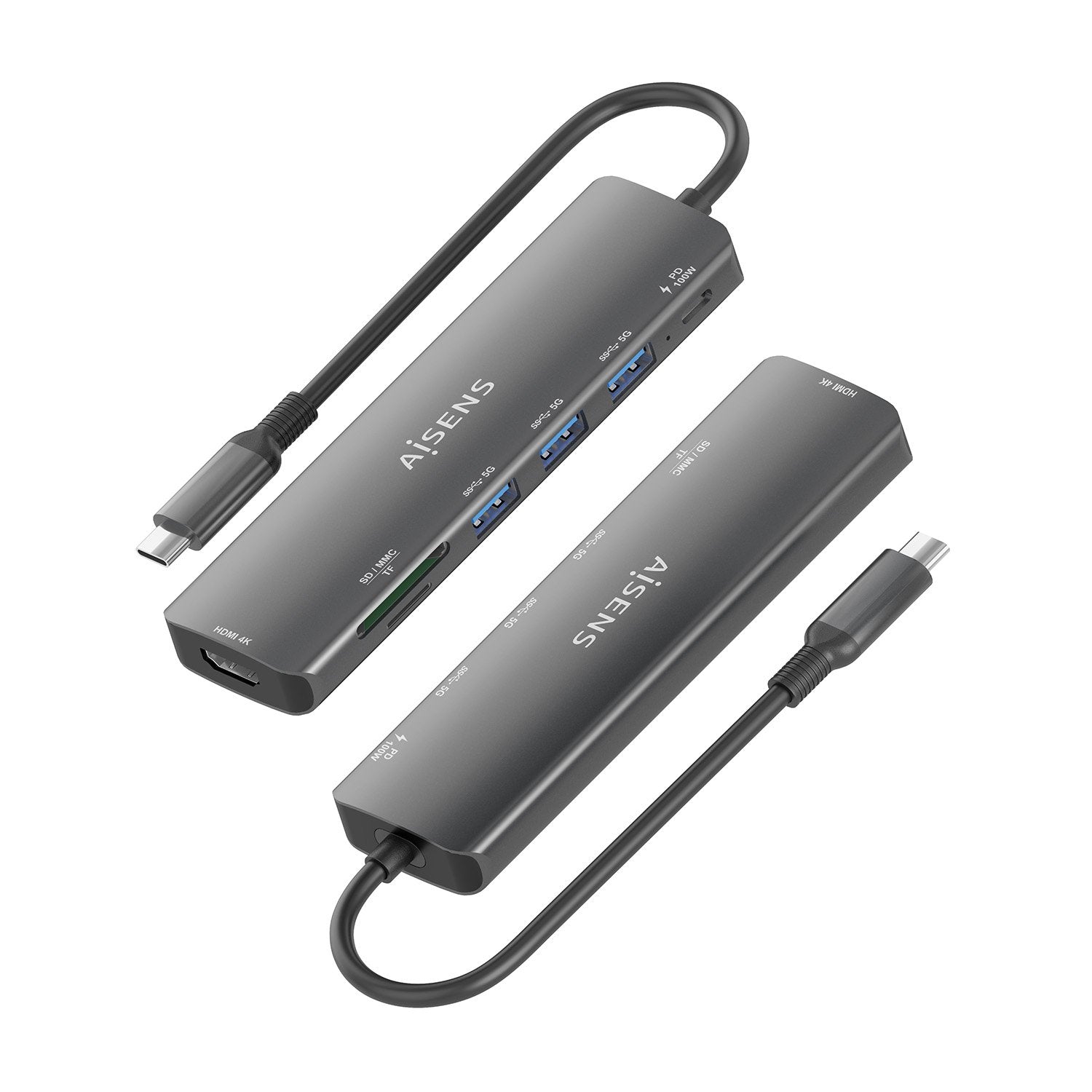 Aisens Usb-C Dock 7 En 1, Usb-C A 1xhdmi, 3xusb-A, 1xusb-C Pd 100w, 1xsd, 1xmicro Sd, Gris, 15cm
