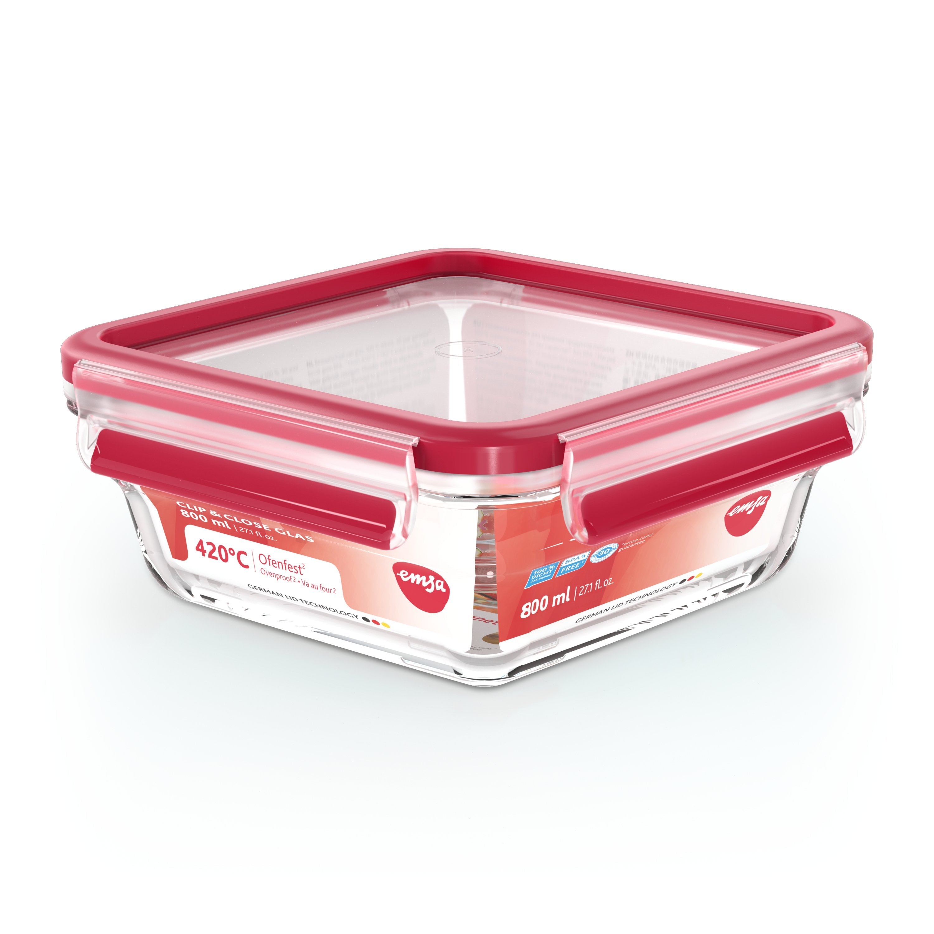 Fiambreras Emsa N10414 Clip & Close Glas Frischhaltedose Quadratisch 0,8 L Transparente/Rot