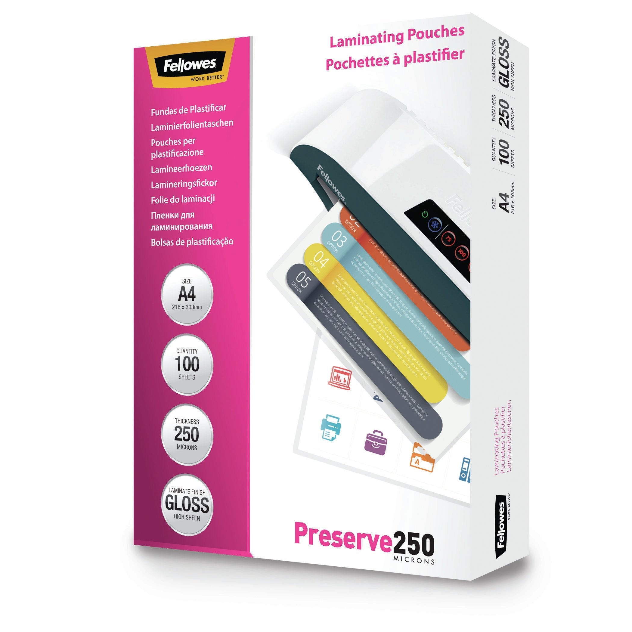 Fellowes A4 Glossy 250 Micron Laminating Pouch - 100 Pack