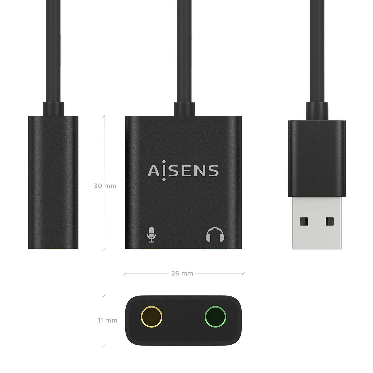 Aisens Conversor Usb-A A Audio 48khz - Usb-A/M-2xjack 3.5/H - 10cm - Negro