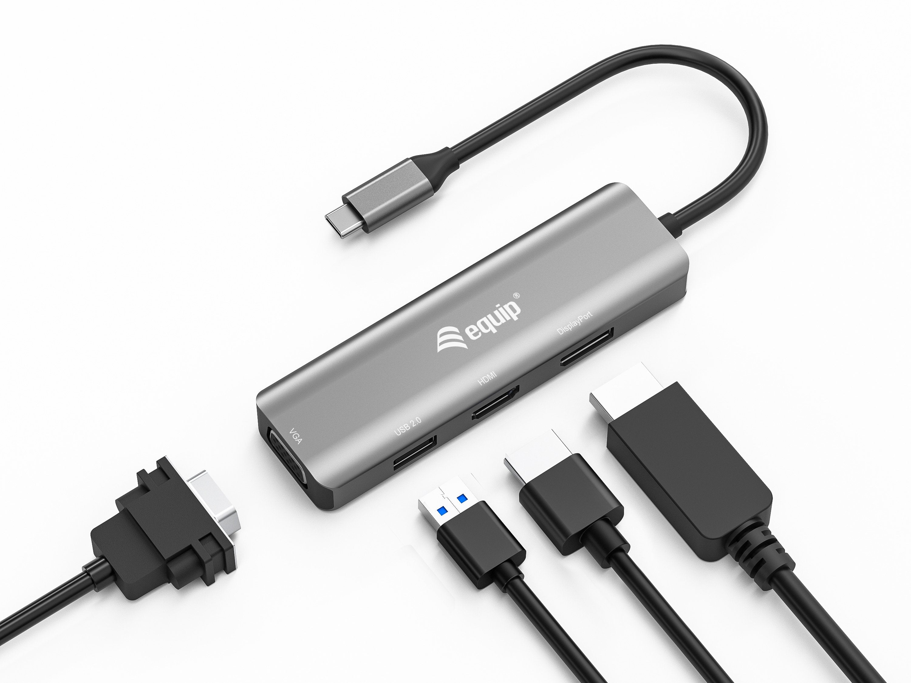 Equip Hub Usb-C Con Usb 2.0, Hdmi, Vga Y Displayport - Carcasa De Aluminio