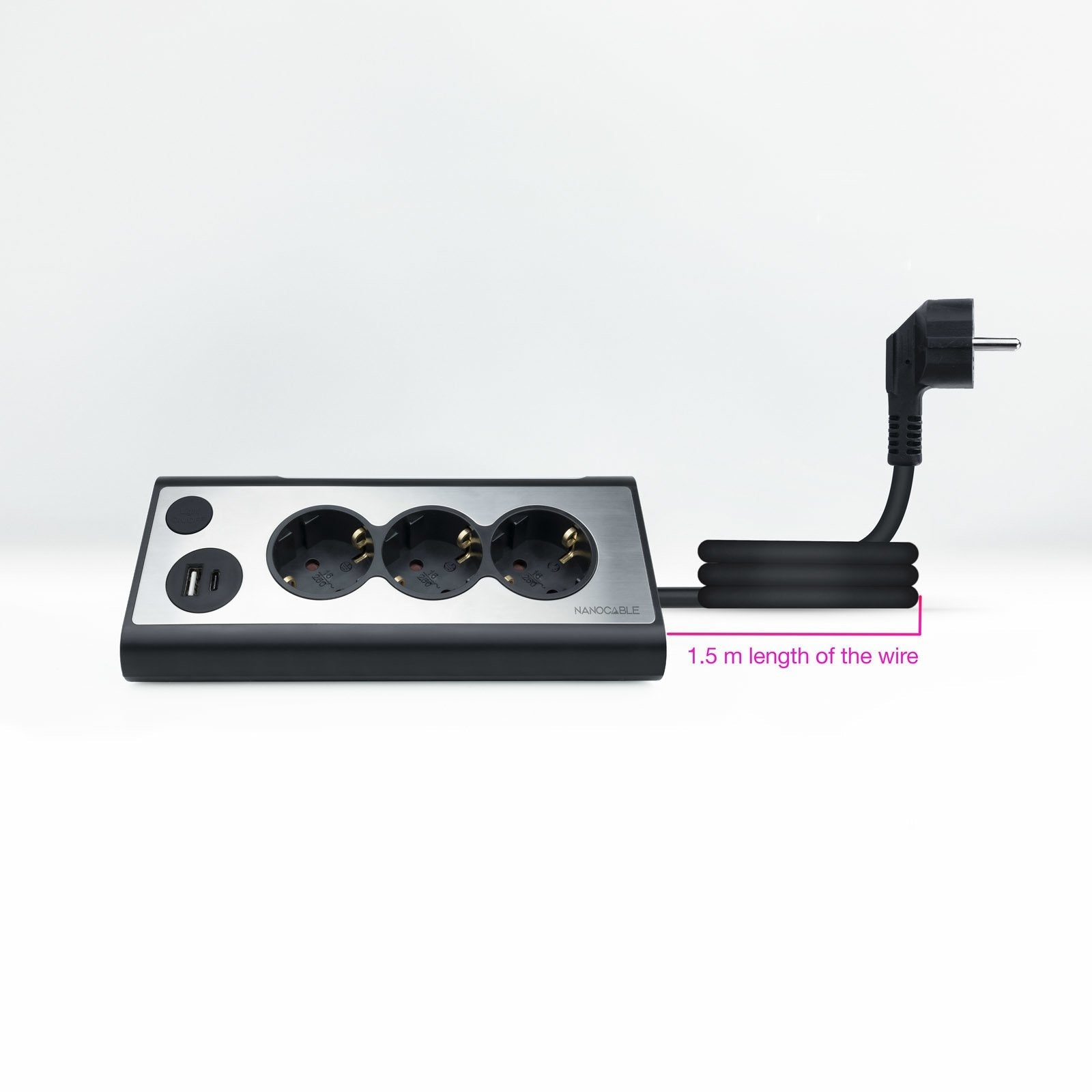 Nanocable Regleta De Sobremesa Con 3x Shuckos, 1x Usb-C Y 1x Usb-A - Iluminacion Led Con Interruptor - Cable De 1.50m