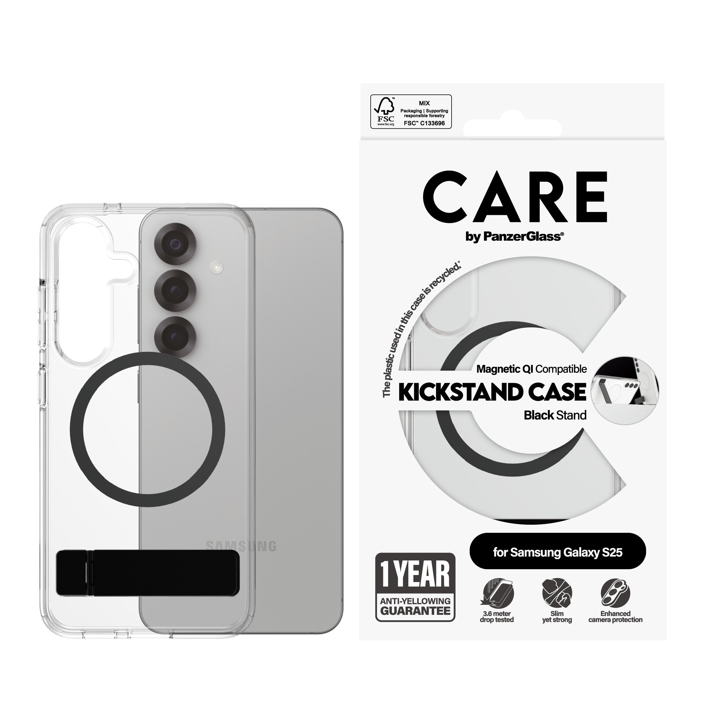 EAN 5715685016493 - PanzerGlass CARE™ by ® Case Transparent w. Black Kickstand & Qi Compatible Samsung Galaxy S25 funda para imagen 2