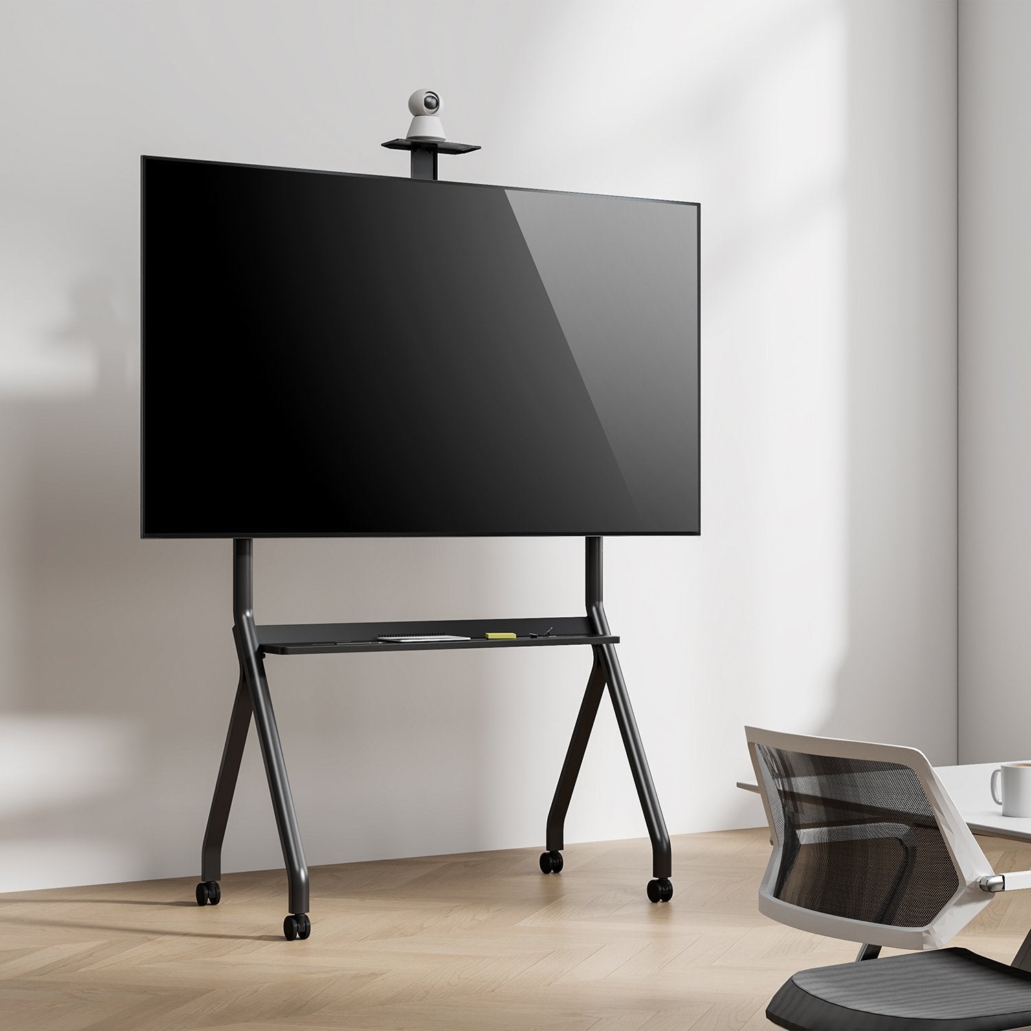 Aisens Soporte De Suelo Pro Con Rueda, 1 Bandeja Y Soporte De Cámara Para Pantalla Interactiva/Tv 120kg De 55-100, Negro