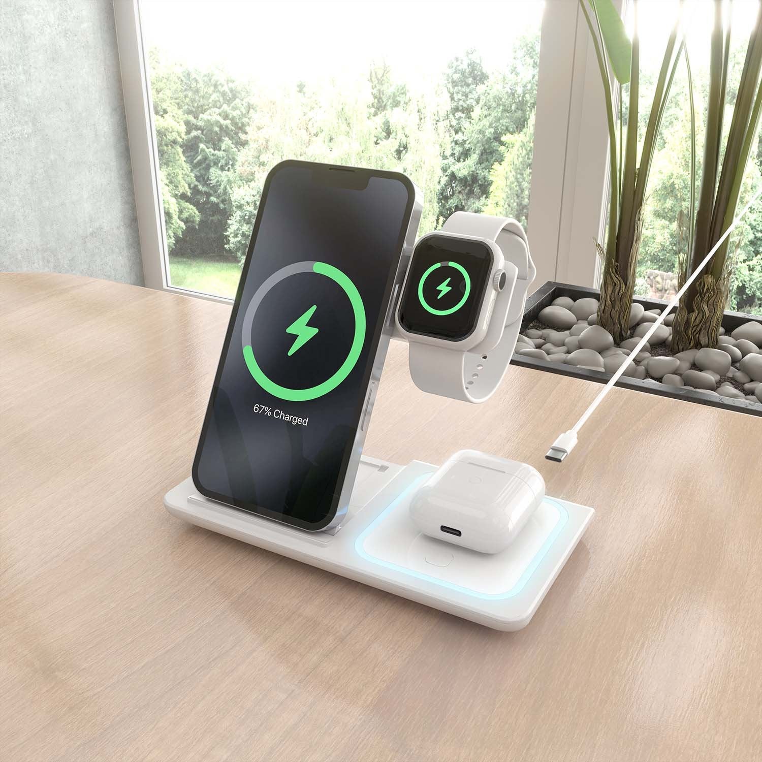 Aisens Cargador Inalambrico Usb-C 3 En 1 De 15w Para Movil, Apple Watch, Ariculares Con Estuche De Carga, Blanco