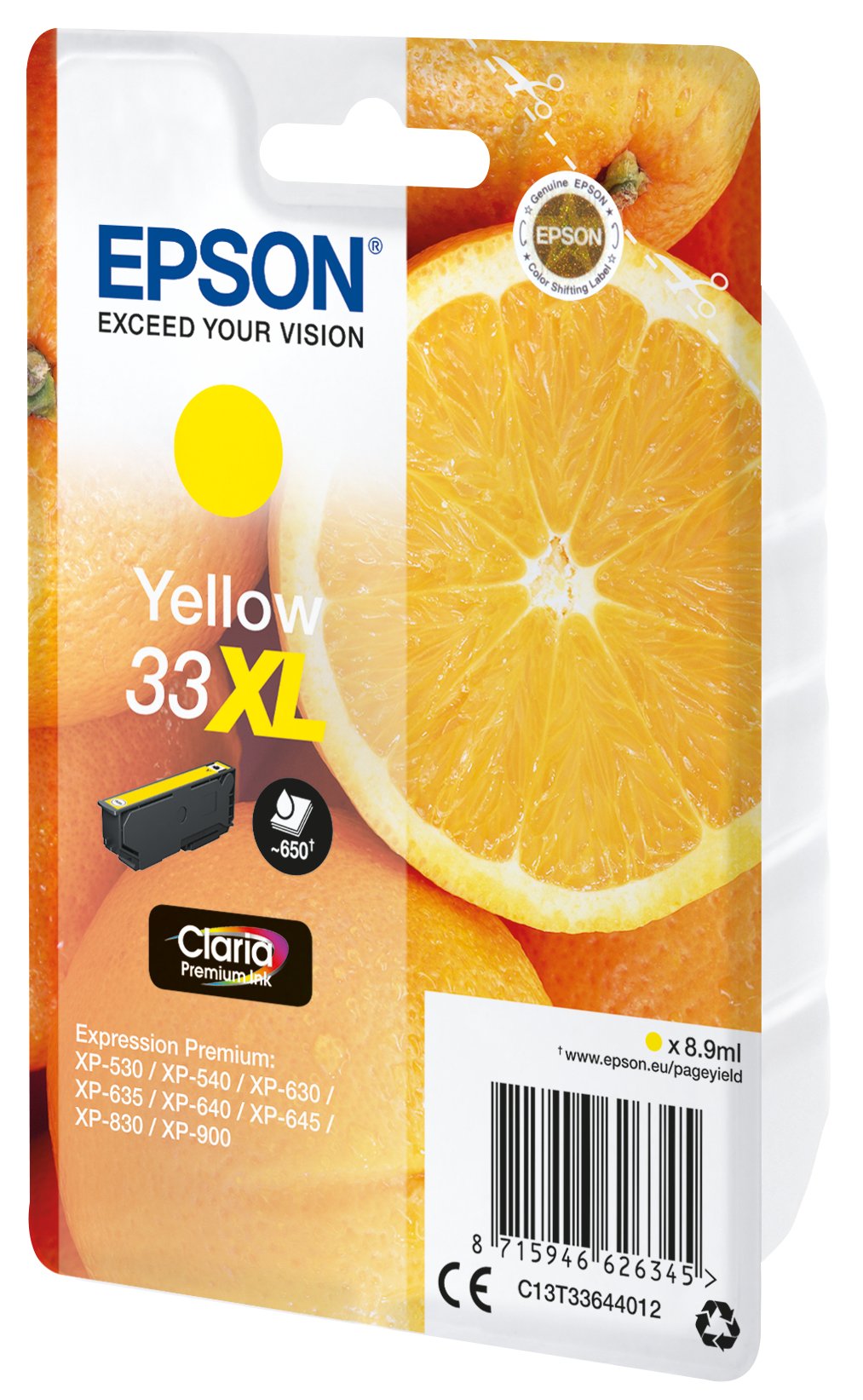 Epson 33xl 8.9 Ml Xl Amarillo Original Blíster Con Alarmas De Rf/Acústica Cartucho De Tinta Para Expression Home Xp-635 830 Expression Premium Xp-530 540 630 635 640 645 830 900