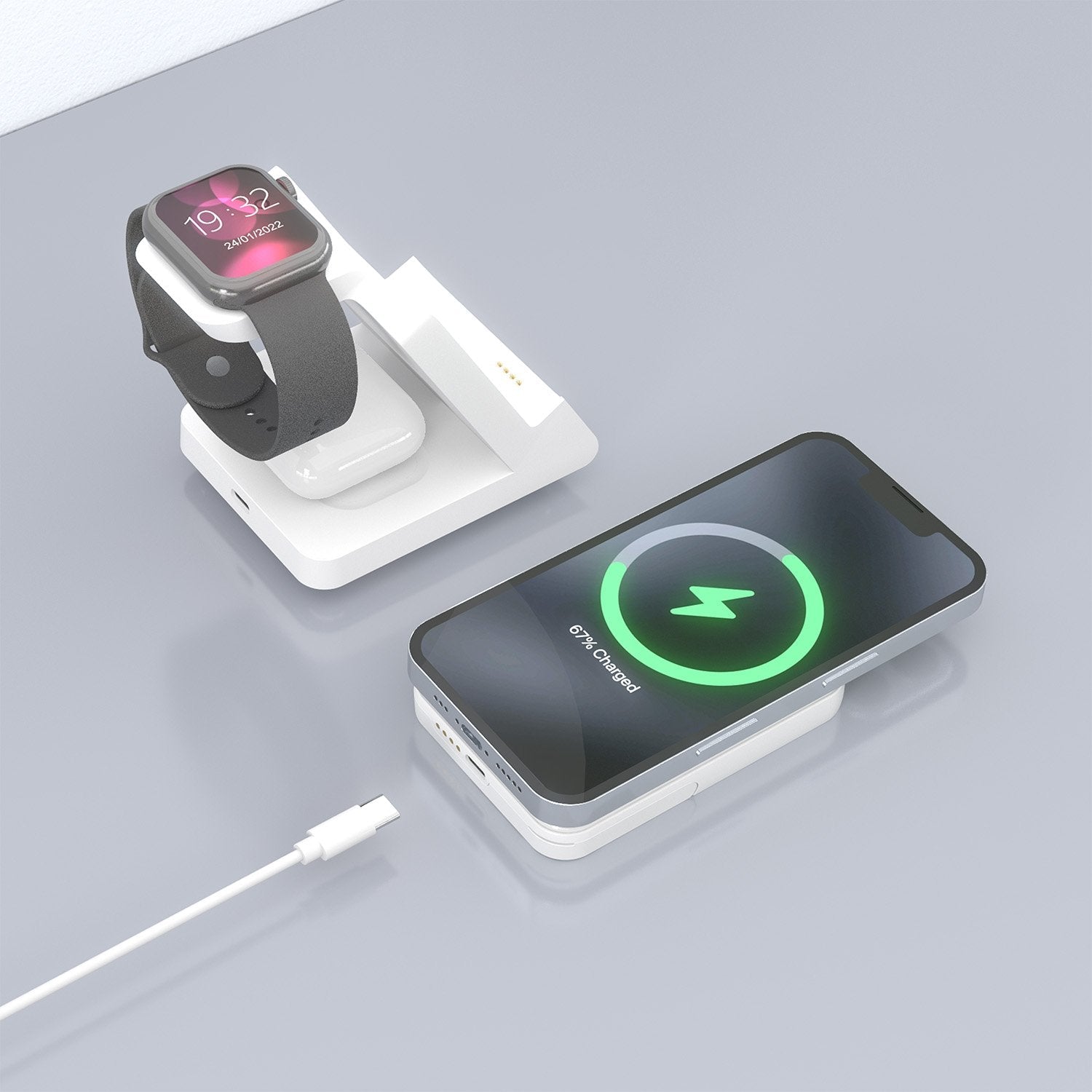 Aisens Cargador Inalambrico Usb-C 4 En 1 De 15w Para Movil, Apple Watch, Auriculares Con Estuche De Carga, Blanco