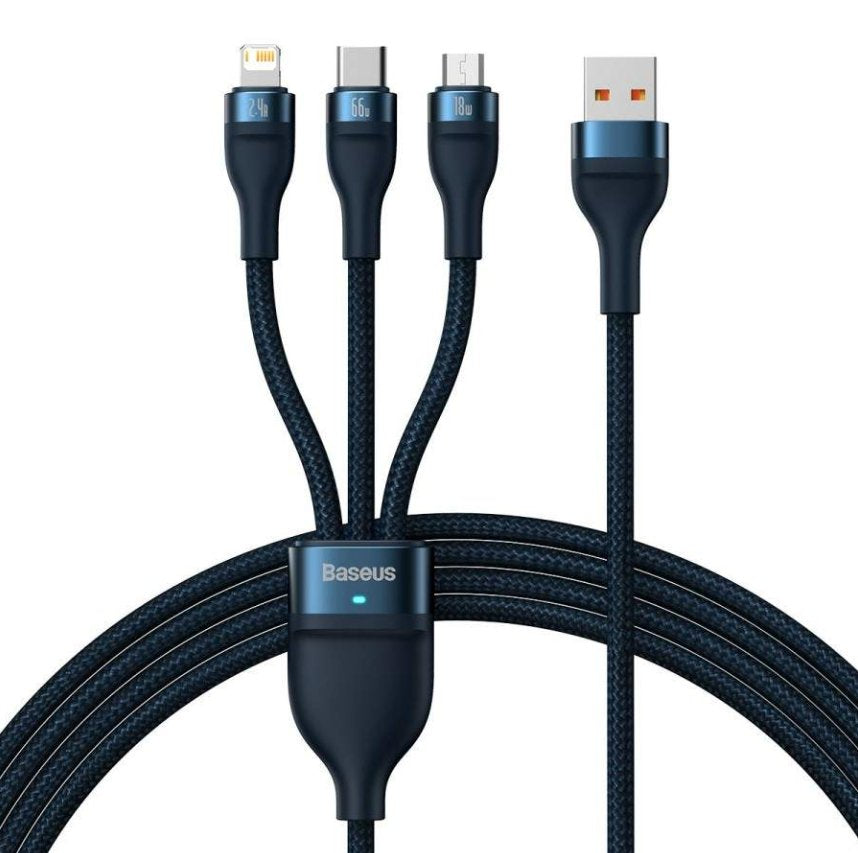 Cable Usb Baseus Flash Series 3 En 1, Usb-C + Micro Usb + Lightning, 66 W, 1,2 M (Azul)