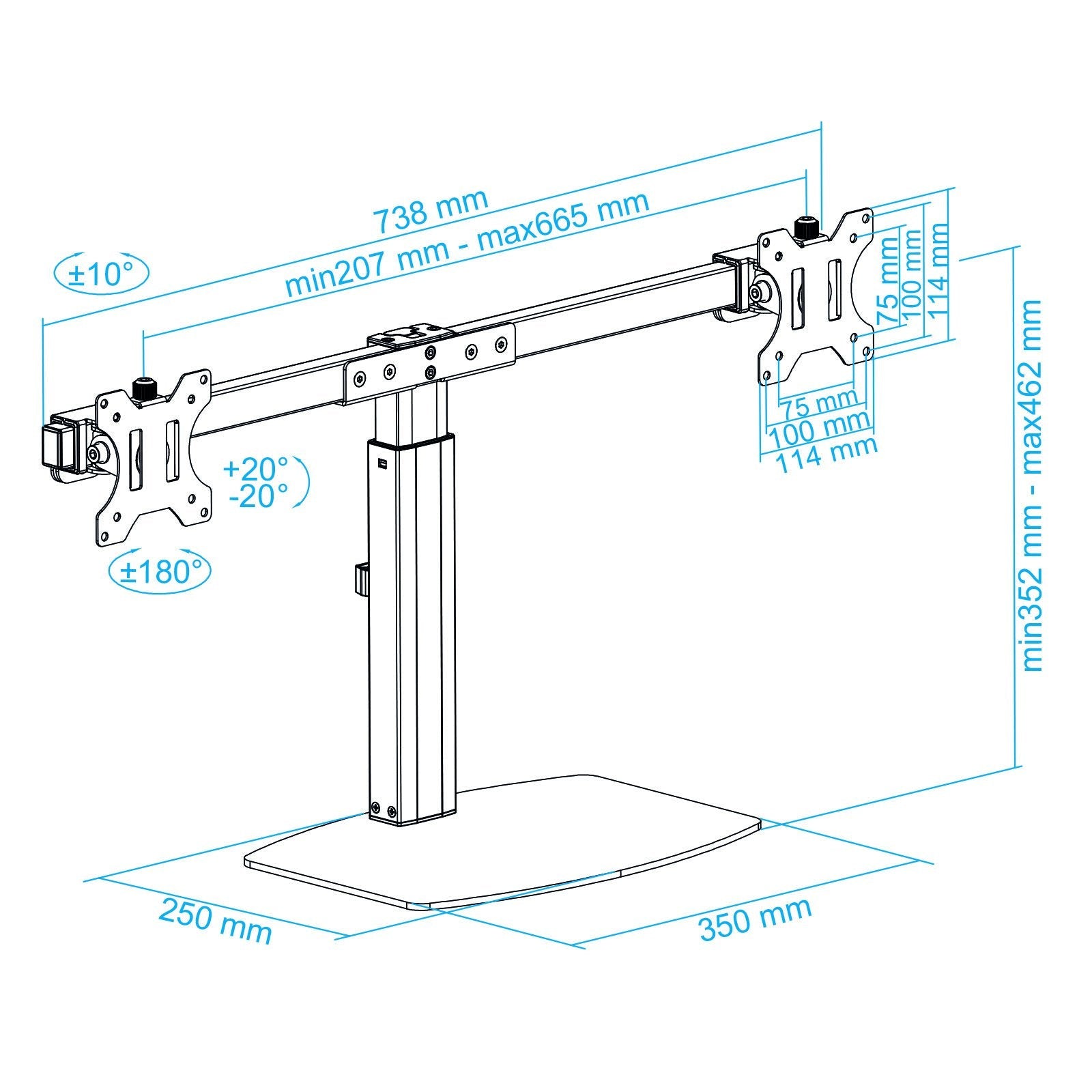 Tooq Soporte De Mesa Para 2 Monitores De 17"-27" - Regulacion De Altura Por Piston De Gas - Gestion De Cables - Peso