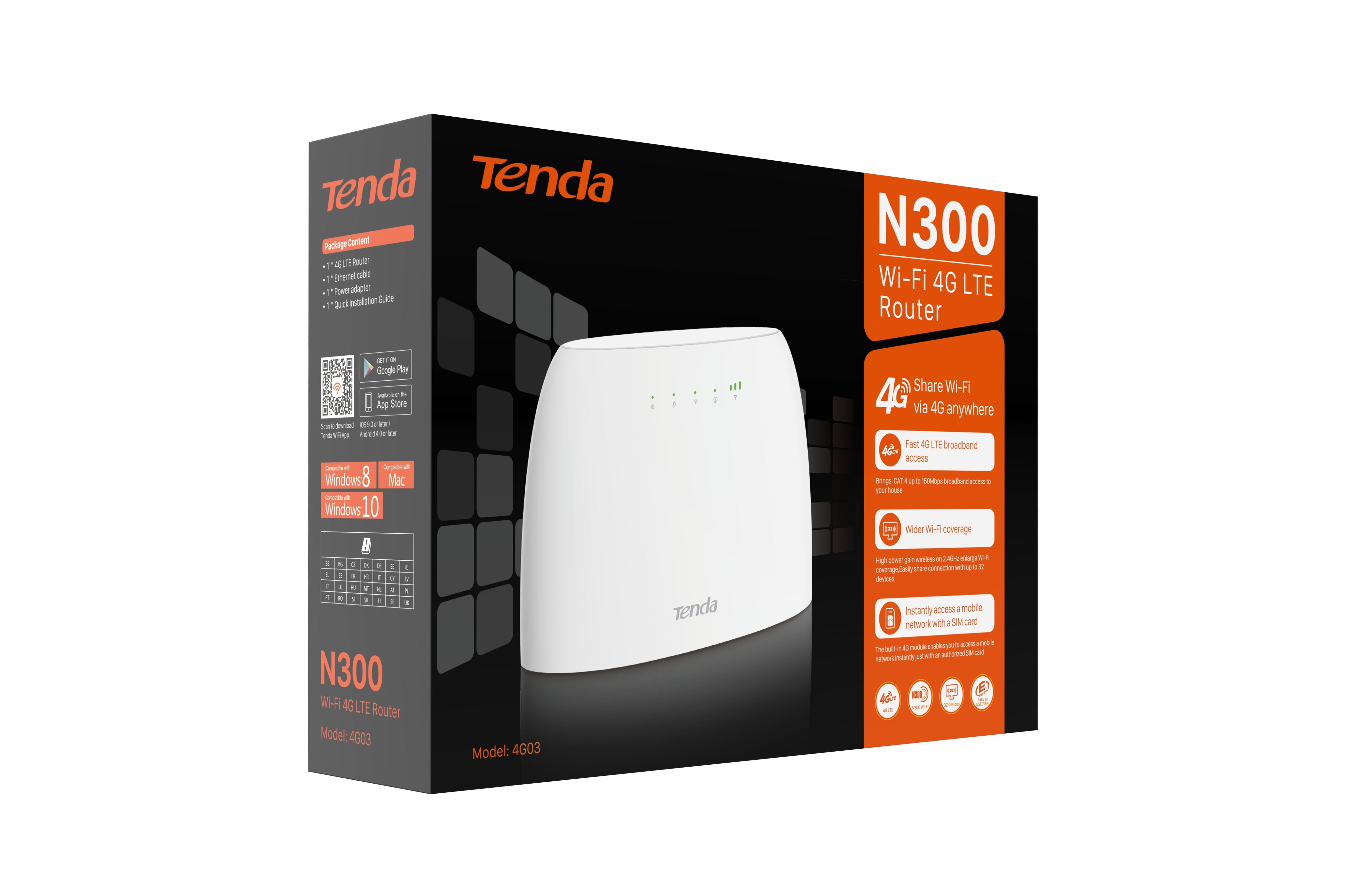 Router Inalámbrico 4g Tenda 4g03 300mbps/ 2.4ghz/ 4 Antenas/ Wifi 802.11b/G/N
