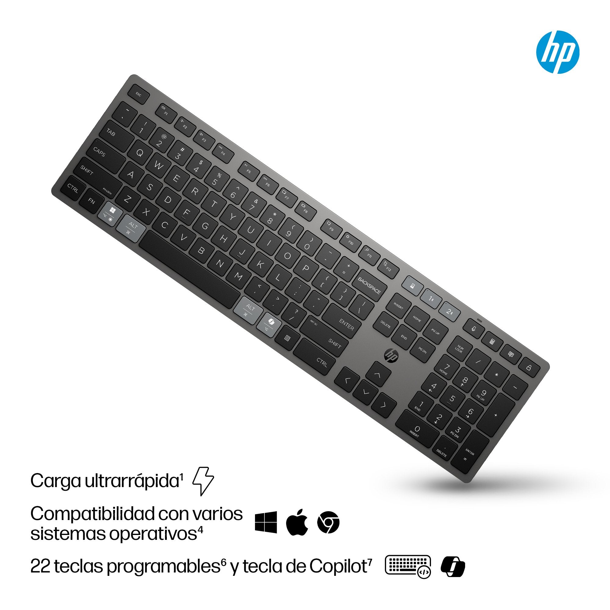 EAN 0198122141272 - HP 725 Multi-Device Rechargeable Wireless Keyboard teclado Hogar / Oficina RF Wireless + Bluetooth Gris imagen 3